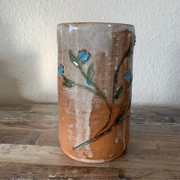 Vintage Schau Pottery Clay Glazed Floral Handmade 3D Vase Terracotta Blue 7”H - Picture 11 of 12
